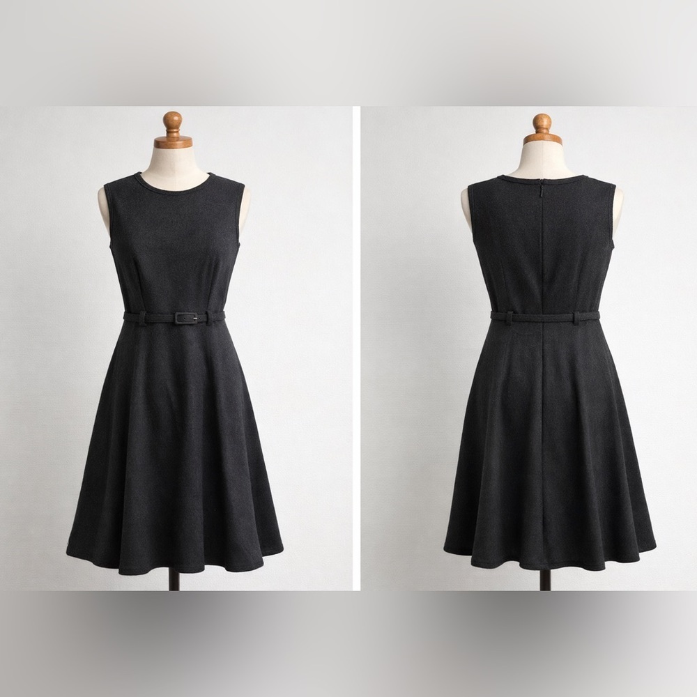 Susan Monaco Vintage Twe Wool Black Sleeveless Fit & Flare Belted Dress Heritage